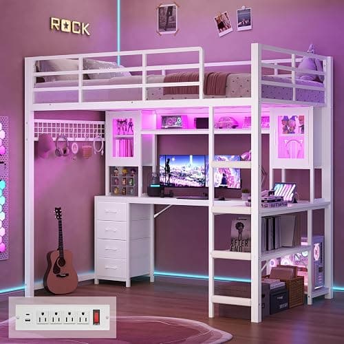 ADORNEVE Loft Bed Twin Size with Gaming Desk & Hutch, Storage Drawers, Safety Power Outlet, Metal Loft Bed Frame with RGB Lights, Space Saving Gaming Loft for Kids, Guardrail & Ladder, White - Image 1