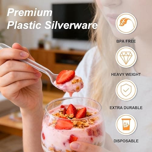 Lamosi 360 Count Extra Heavy Duty Clear Plastic Forks and Spoons | 180 Forks, 180 Spoons, Disposable Plastic Silverware BPA-Free, Heat Resistant for Wedding Party Supplies thumbnail 4