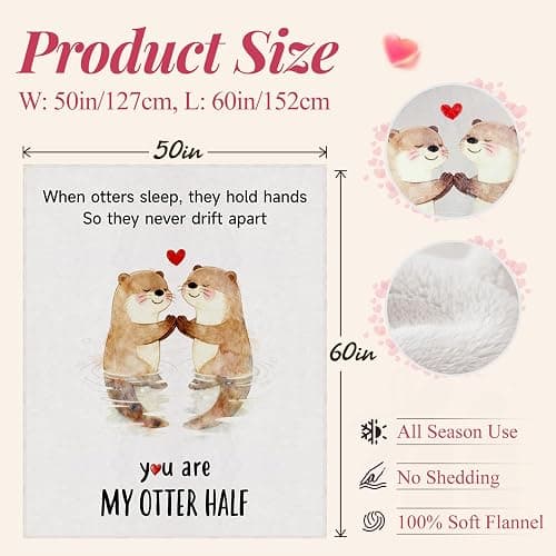 Gifts for Her Him Romantic Anniversary Flannel Blanket for Boyfriend Girlfriend Men Women, Soft Husband Wife Engagement Throw for Wedding Christmas Birthday Valentines Day 60"x50", Otters thumbnail 3