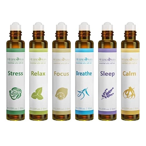 HERBROMAS Aromatherapy Essential Oils Roll On Set, Natural Pre-diluted Blend Oils for Skin Use, Relaxation Gift for Women & Men, Pack 6 x10ml - Image 1
