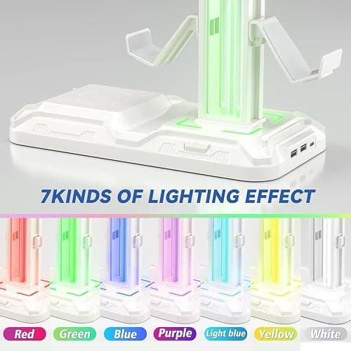 KDD RGB Headphone & Controller Stand with Wireless Charging - Rotatable Headset Stand with 9 Light Modes - Controller Holder with 2 USB and Type C Ports - for Gamers Desktop Accessories(White) thumbnail 4