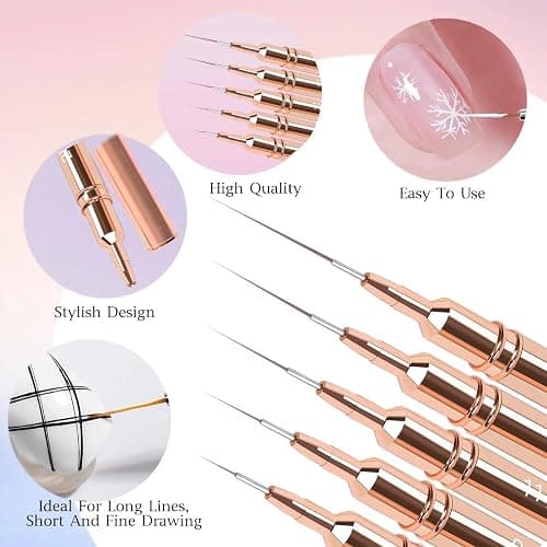 5pcs Nail Art Liner Brushes,Liner Brush For Nails Gel,Painting Art Design Brush Set Nail Dotting Drawing Tool For Long Lines, Thin Details, Fine Drawing Sizes 7/9/11/15/25mm（Rose Golden） thumbnail 4