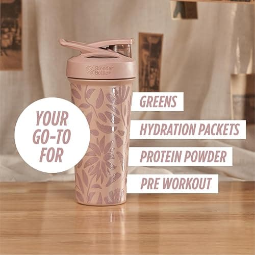 BlenderBottle Strada Flip Shaker Cup Insulated Stainless Steel Water Bottle with Wire Whisk, 25-Ounce, Brown Flowers thumbnail 5