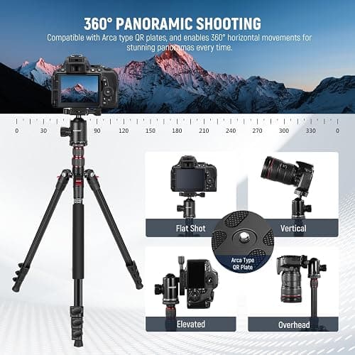 NEEWER 77 inch Camera Tripod Monopod for DSLR, Phone with 360° Panoramic Ball Head, 2 Axis Center Column, Arca Type QR Plate, Compact Aluminum Lightweight Travel Tripod 34lb Max Load, Bag Included - Travel Tripod thumbnail 4
