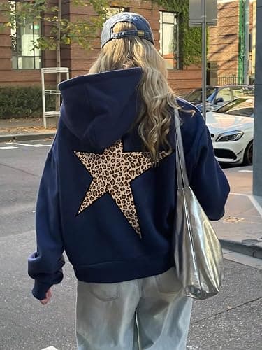 Pooyikoi Womens Oversized Leopard Star Graphic Hoodies Long Sleeve Hoodie Pullover Hooded Sweatshirt Aesthetic Hoodie thumbnail 3