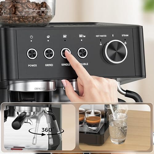 Kismile 20-Bar Espresso Machine with Grinder, Expresso Coffee Machines Coffee Maker with Grinder, Milk Frother/Steam Wand & Tamping Tools for Cappuccino & Latte thumbnail 5