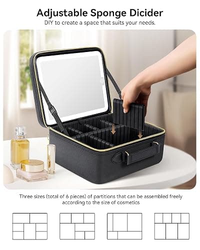 JUSRON Travel Makeup Bag With LED Mirror,Train Case with Light up Mirror, Portable Makeup Artist Organizer Bag with Adjustable Dividers (Black, Large) thumbnail 5