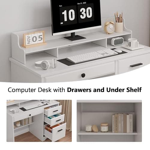 4 EVER WINNER White Desk with Drawers, 44 Inch Small Computer Desk with File Drawer and Monitor Stand, Wood Desk with Storage Shelf for Small Spaces, Living Room, Bedroom, White thumbnail 4