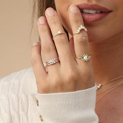 3 Stone Opal Ring for Women with Cubic Zirconia, Dainty Minimalist Stackable Promise Ring in 10K Solid Gold or 14K Gold Plated 925 Sterling Silver Jewelry Gift for Her thumbnail 2
