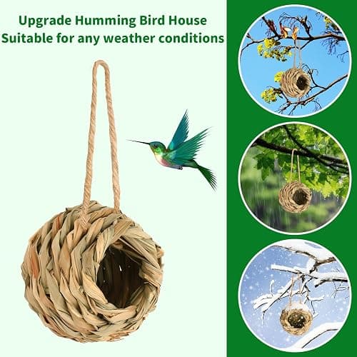NOVWANG 4-Pack Hummingbird House Outdoor, Natural Reed Bird Nest with Hemp Rope Handwoven Finch Bird House Hanging Bird Hut for Garden Window Patio Lawn Office Home thumbnail 6