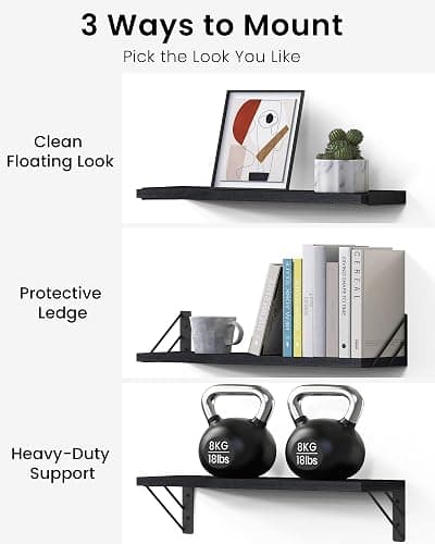 BAYKA Wall Mounted Floating Bathroom Shelves, Wood Wall Shelf for Bathroom Essentials & Decor, Space-Saving Display & Organizer (Black, Set of 4) thumbnail 5