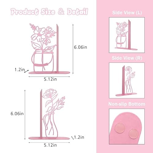 Metal Flower Vase Bookends, Cute Book Ends for Office Home Decor Decorative BookEnds for Shelves, Ideal Gift for Book Lovers(Pink) thumbnail 3