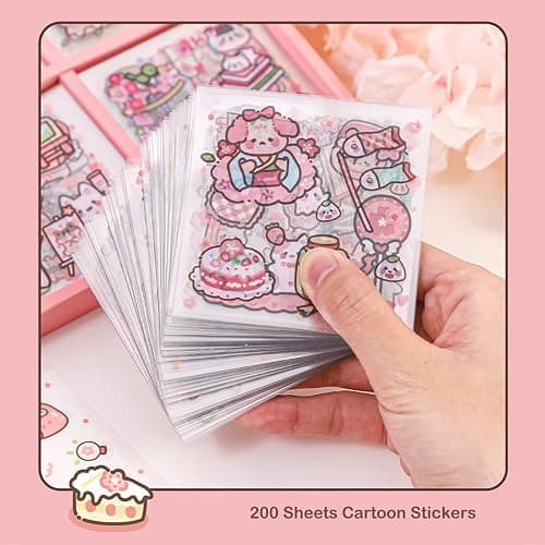 Doraking Kawaii Cute Animal Stickers for Journaling Scrapbooking, Vinyl Transparent Flower Stickers for Water Bottle Laptop, 200 Sheets Aesthetic Sticker Boxed Gifts for Teens Adults thumbnail 3