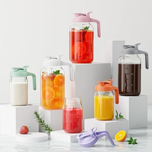 Glass Mason Jar Pitcher, 64 oz Wide Mouth Jug with Pour Spout Handle Lid for Cold Brew Coffee, Ice Beverage, Iced Juice, Lemonade, Sun Tea, Fruit Drinks Container(Purple) thumbnail 2