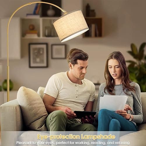 Gold Floor Lamp, Arc Floor Lamp for Living Room with Adjustable Drum Lampshade, Modern Tall Standing Lamp with On/Off Foot Switch, Over Couch Arched Reading Light for Reading, Bedroom, Office thumbnail 5