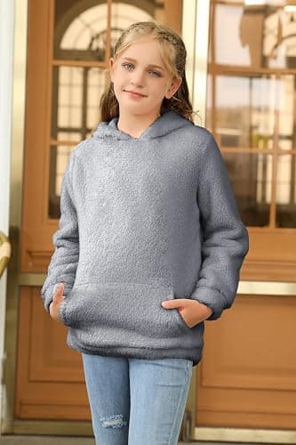 Haloumoning Girls Fuzzy Fleece Pullover Hoodies Sweatshirt Casual Loose Outwear Coat with Pockets 4-15 Years thumbnail 5