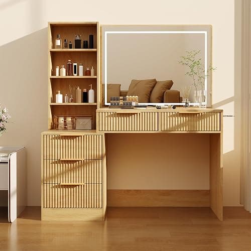 Jojoka Vanity Desk with 3-Color LED Lighted Touch Mirror, Makeup Vanity with Charging Station (2 AC+2 USB), 5 Drawers & Glass Top Jewelry Storage, Modern Dressing Table for Bedroom thumbnail 5