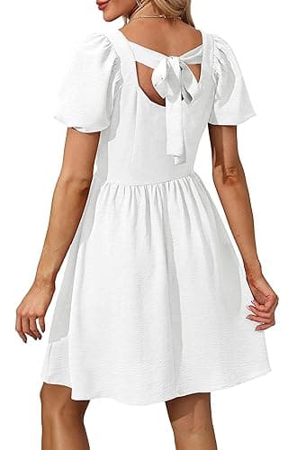 OFEEFAN Women Puff Sleeve Square Neck Tie in Back Dresses with Zipper - X-Small - A White thumbnail 5