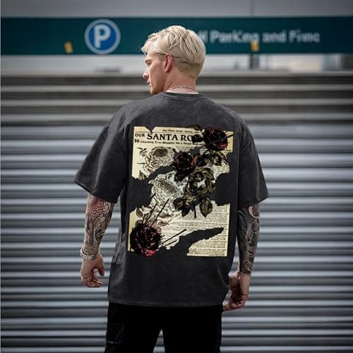 Lubpow Mens Acid Wash Tshirt Oversized Vintage Graphic T-Shirts Cool Grunge Rose Floral Shirt Trendy Y2K Streetwear Tee Tops thumbnail 6