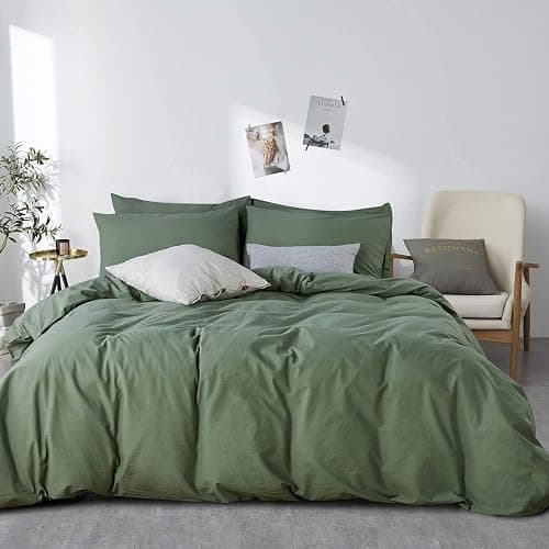 Sedefen Housse de Couette 220 x 240 cm Vert Sauge Coton lavé Couleur Unie - Parure de Lit 2 Personnes avec Fermeture Éclair - Aspect ridée Naturel Housse Couette avec 2 Taie d'oreiller 65x65 cm - Image 1