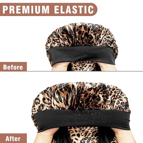 2Pcs Bonnets for Women Sleeping Braid Bonnet, Large Long Satin Silk Bonnet for Braids, Black Women Braid Bonnets with Stretchy Tie Band for Sleeping Extra Long (Pink & Leopard) thumbnail 6