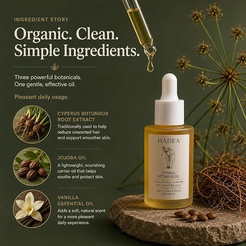 HADEA Cyperus Rotundus Oil to Reduce Hair Growth 100% Organic High-Potency Steam Distilled Cyprus Nutgrass Cypress Inhibitor | Cypress Rotundus Oil For Pcos, Hirsutism, Any Unwanted Hair 30ml thumbnail 6