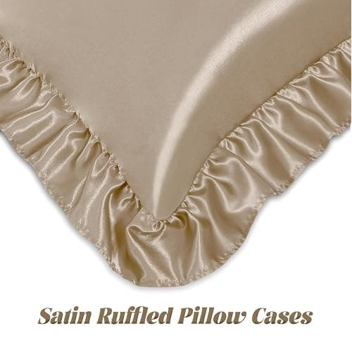 Homiest Ruffle Satin Pillowcase for Hair and Skin, Standard Size Satin Pillow Covers Silky Pillow Cases Set of 2, Satin Ruffled Pillowcase with Envelope Closure, Anti Wrinkle Pillow Shams (Taupe) thumbnail 5