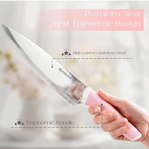 Astercook Knife Set, Kitchen Knives Set with Block and Sharpener 15 Pcs German Stainless Steel Knives Sharp Blade Dishwasher Safe Deba Knives with Ergonomic Handle, Crystal Pink thumbnail 7