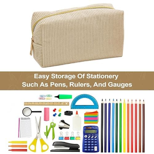 Corduroy Pencil Case, Large Capacity Beige Pencil Case for Girls, Cream Pencils Cases with Zipper, Solid Color Aesthetic Stationery Pouch, Stationery Organizer Pen Bag for School, Travel thumbnail 3