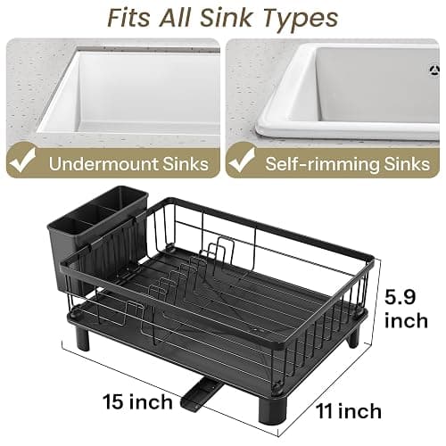 SNTD Dish Drying Rack - Small Dish Rack for Kitchen Counter, Stainless Steel Dish Drainer with Utensil Holder and Drainboard, 11" W x 15" L (Black) thumbnail 2