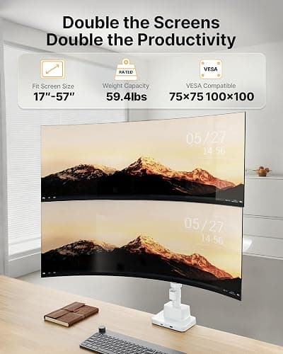 monTEK Sleek Aluminum Monitor Arm for 17–57” Ultrawide Screens up to 59 lbs, USB 3.0 A/C, Heavy Duty Dual Monitor Arm Desk Mount, Pneumatic Lift, Quick-Release Plate, Clamp/Grommet, max VESA 100x100 thumbnail 4