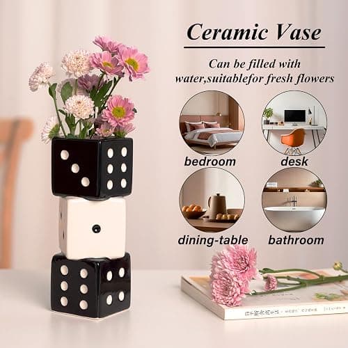 MOUGIGI Unique Handmade Dice Vase - Stylish Black & White Ceramic Decor for Home, Bar | Geometric Design Perfect for Fresh, Dried, or Artificial Flowers | Eye-Catching Centerpiece & Decorative Accent thumbnail 4