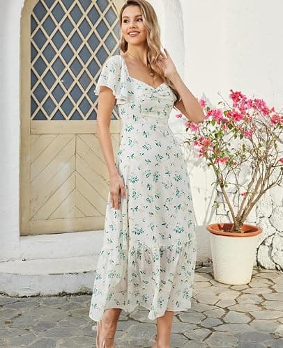 GLNEGE Women's 2025 Summer Midi Floral Boho Dresses Casual Flowy Beach Short Sleeve Dress Ruffle Hem Smocked Sundresses thumbnail 4