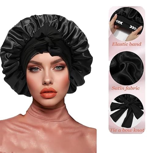 2Pcs Silk Bonnet for Sleeping, Satin Bonnet with Tie Band for Curly Hair Braid Women Black thumbnail 4