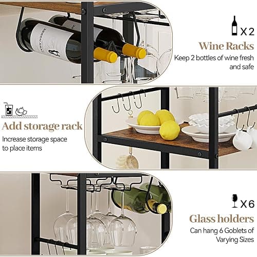 Bar Cart for The Home, 3 Tier Kitchen Carts with Wheels, Small Rolling Cart with Glass Holders, Wine Rack, Mini Bar Cart for Kitchen, Dining room, Living Room, 13.0"D x 17.0"W x 33.8"H, Rustic Brown thumbnail 6