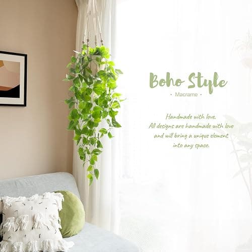 Mkono Fake Hanging Plant, Macrame Hanger with Pothos Vines & Pot, Ivory 2Pc | Artificial Hanging Plants for Home Decor Indoor, Realistic Look, Perfect for Bedroom Bathroom Kitchen Office Boho Display thumbnail 5