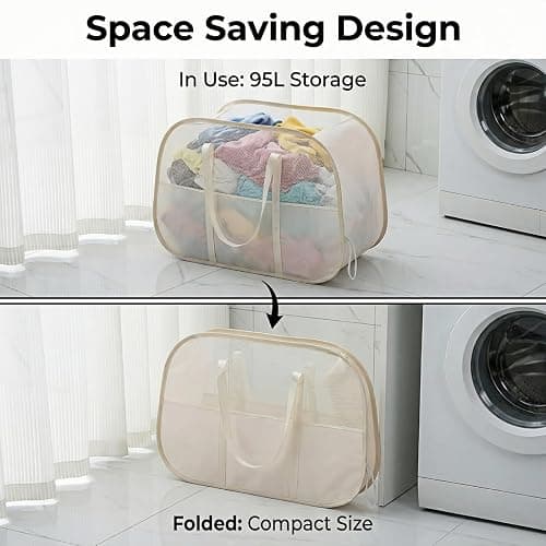 Foldable Laundry Basket with Mesh Window, Large Capacity 95L Dirty Clothes Hamper with Handles, Sturdy Steel Frame,Collapsible Laundry Hamper for Bedroom,Bathroom,Home,Dorm (Beige) thumbnail 4