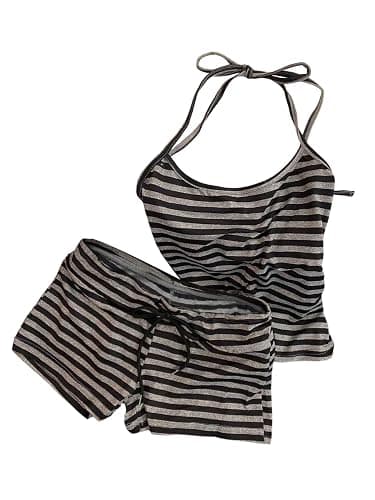 MakeMeChic Women's Two Piece Sets Striped Sleeveless Camisole Halter Top and Mini Shorts Summer Y2K Outfits - Image 1