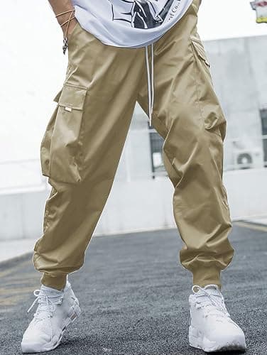 Men Techwear Cargo Joggers Flap Pocket Elastic Drawstring Waist Pants thumbnail 3