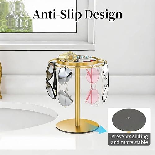 LSK Metal Sunglass Organizer, Glasses Holder Stand with Storage Tray, Gold Sunglass Holder with Non-Slip Pad for Nightstand, Tabletop, Desk, Dresser, Hanging Up to 9 Pairs Sunlasses/Reading Glasses thumbnail 5