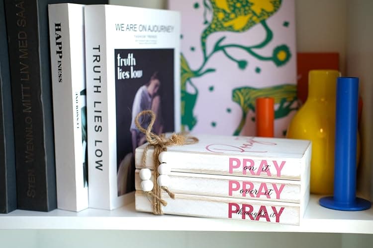 LIVDUCOT Pink Wood Book Stack Pray Christian Home Decor for Women - Wooden Block Sign Table Decoration - Inspiration Prayer Office Decor Religious Gift thumbnail 5