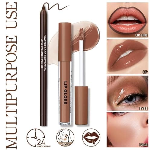 HOSAILY Nourishing Lip Gloss with Brown Lip Liner Lip Combo Set, Moisturizing High Shine Nude Lip Glow Oil Fresh Lightweight Glossy Plumping Lip Gloss for Women Long Wear Mini Liquid Lipstick Makeup#8 thumbnail 5