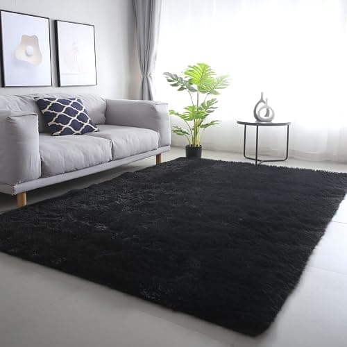 CAIYUECS Shag Area Rug,Indoor Ultra Soft Fluffy Plush Rugs for Bedroom Living Room, Non-Skid Modern Nursery Faux Fur Rugs for Kids Room Home Decor (5x7 Feet, Black) - Image 1