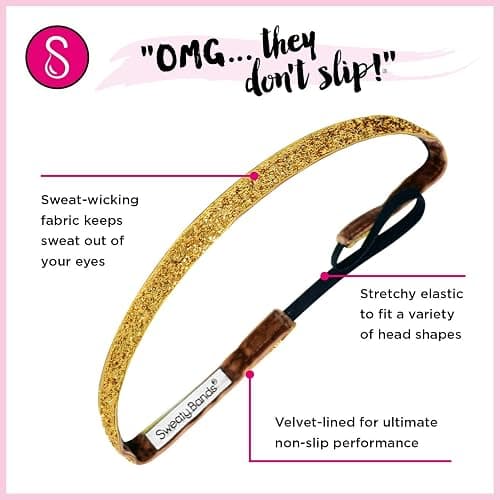 Sweaty Bands Womens and Girl Headband - Non-Slip Velvet-Lined Sparkly Hairband - Viva Diva Gold 1-Inch thumbnail 8