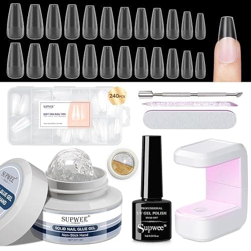 SUPWEE Solid Gel Nail Glue Set: 3d Gel Nail Art for Press On Nails with 240PCS Medium Coffin Gels Nail Tips Mini UV Lamp Nail Extension Home DIY Manicure for Women Girls - Image 1