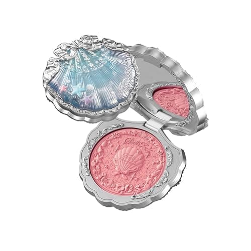 Flower Knows Shell's Jewel Silk Satin Embossed Blush,Dual Blush & Highlighter,Peach Glow,Warm Peach Pink for Healthy Sun-Kissed Glow,Skincare-Infused Silky Powder(03 Coral Seashell)
