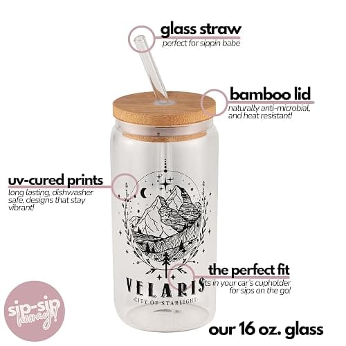Sip Sip Hooray ACOTAR 16oz Glass Can Cup with Lid and Straw, Velaris City of Starlight Iced Coffee Tumbler, Night Court Bookish Drinkware, Dishwasher Safe Fantasy Gift for Women, To The Stars Mug - ACOTAR thumbnail 5