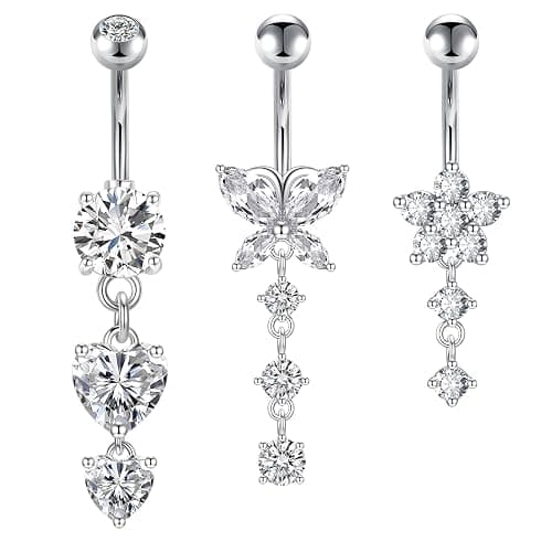 Crdifu Bauchnabelpiercing 10mm Silber Bauchpiercing Edelstahl Herz Schmetterling Blume Anhänger Piercing Bauchnabel Schmuck Damen - Image 1