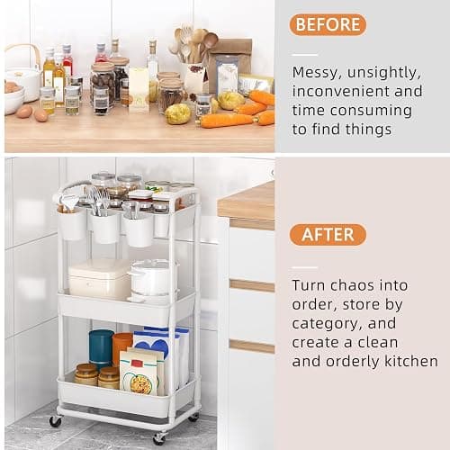 JIUYOTREE 3-Tier Plastic Rolling Storage Cart Utility Cart with Extra Hanging Cups Handles Lockable Wheels for Living Room Bathroom Kitchen Office White thumbnail 7