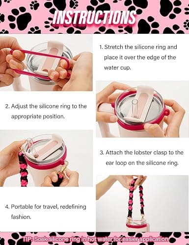 CH.yishi Handmade Stanley Cup Accessories Set Water Bottle Handle Strap, Stanley Charms for Stanley Cup 40oz & 30oz Tumbler Handle of the handbag (Gray and pink) - Gray and pink thumbnail 4